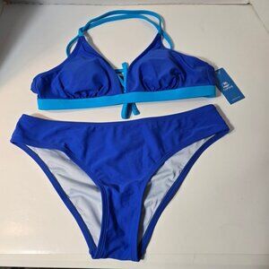 Cupshe Bikini Set Swimsuit Royal Blue Neck Low Rise Crisscross Back Self Tie